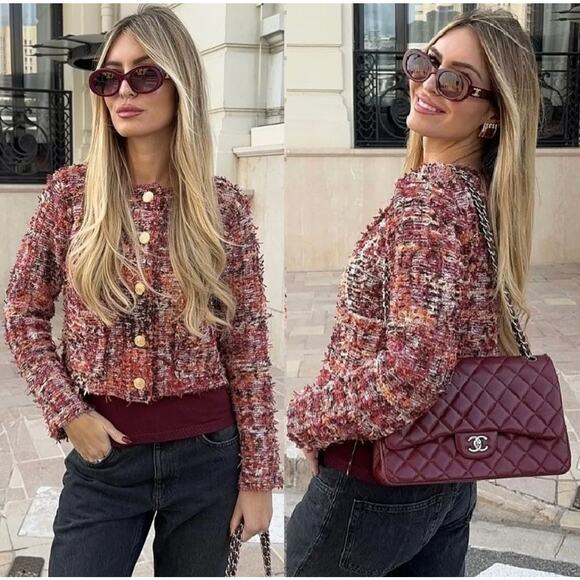 Zara Burgundy Tweed Chunky Knit Textured Cardigan Sweater - Picture 1 of 11